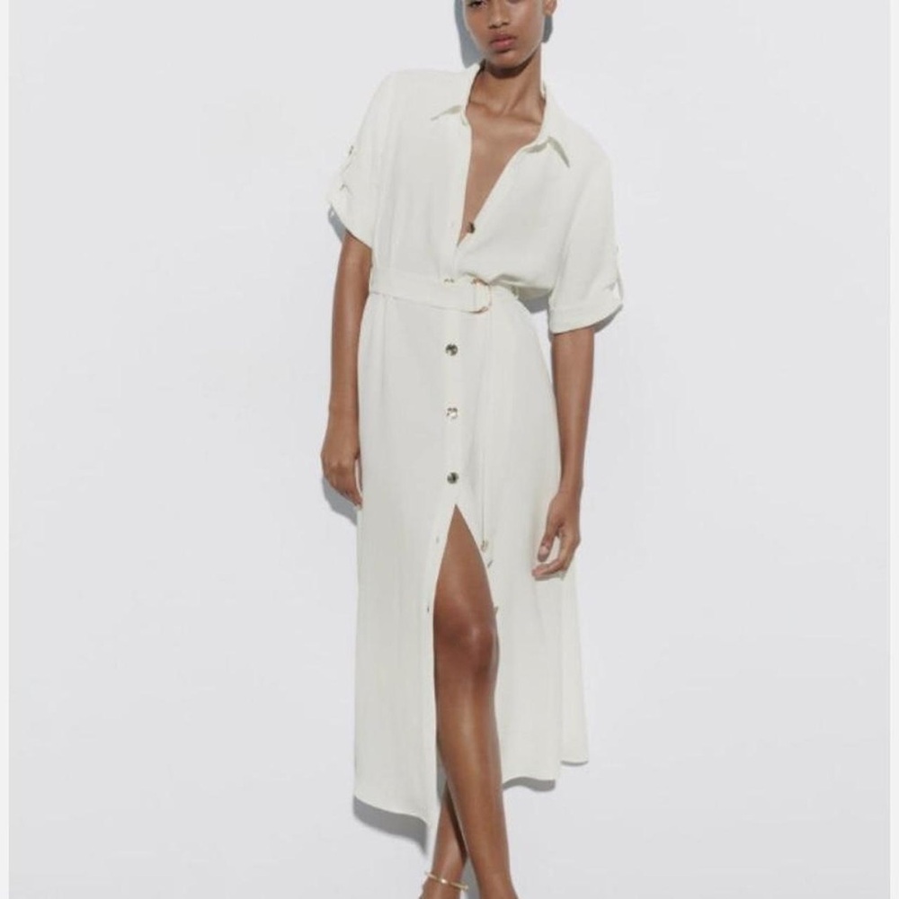 Zara White Buttoned Midi Dress with Notched Collar